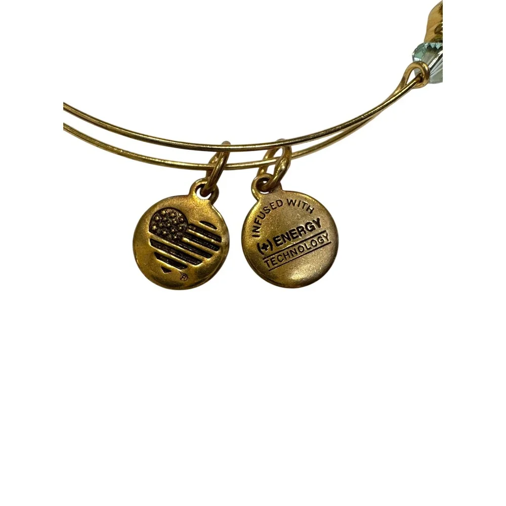 Alex and Ani Light Aqua Crystal Beaded Bangle Gold Heart Flag Charm Bracelet